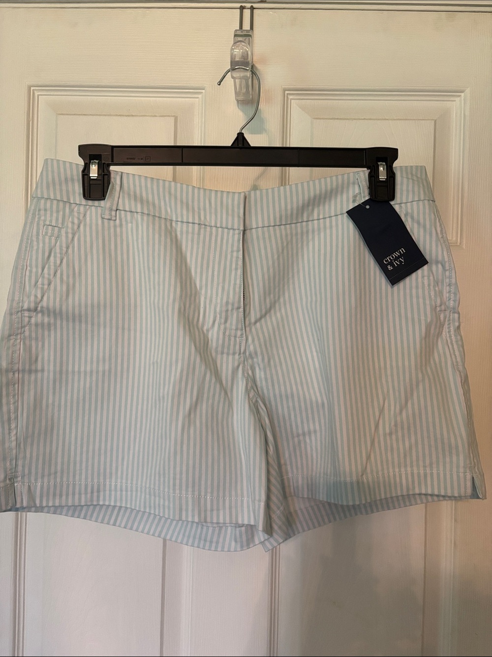 crown & ivy Light Blue and White Striped Bermuda Shorts